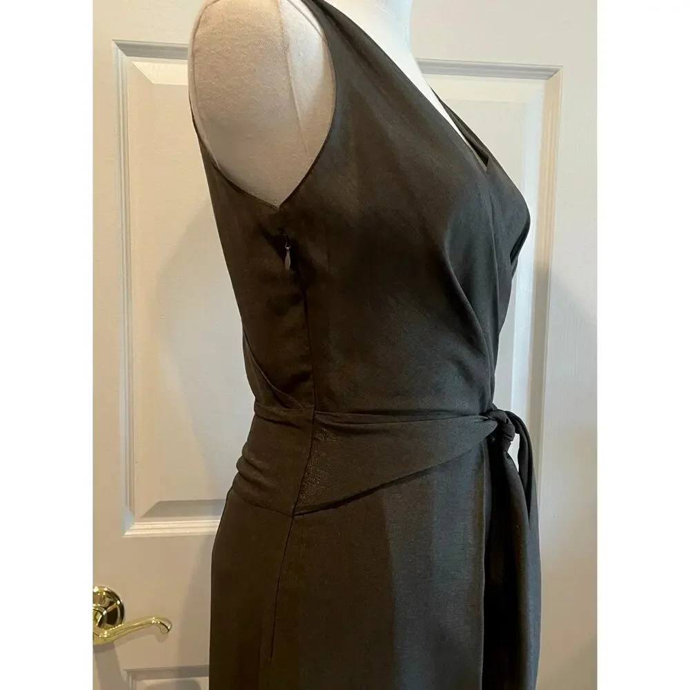 Italian e Collezioni Silk Brown Surplice Wrap Sleeveless Midi Tie Waist Dress S